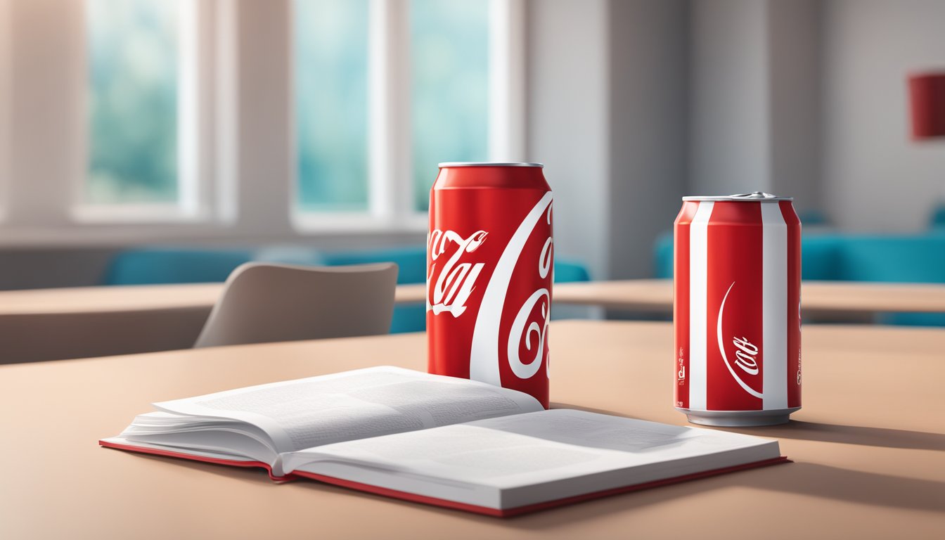 A Coca-Cola can and a FAQ booklet sit side by side on a clean, modern table. The iconic red and white branding of Coca-Cola is prominently displayed on both items