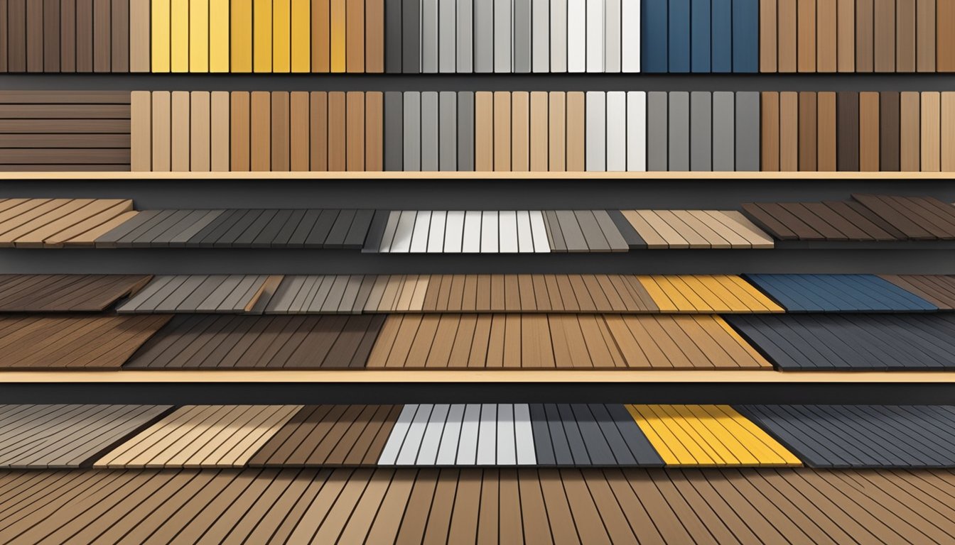 A variety of composite decking brands displayed in a home improvement store, with different colors, textures, and patterns