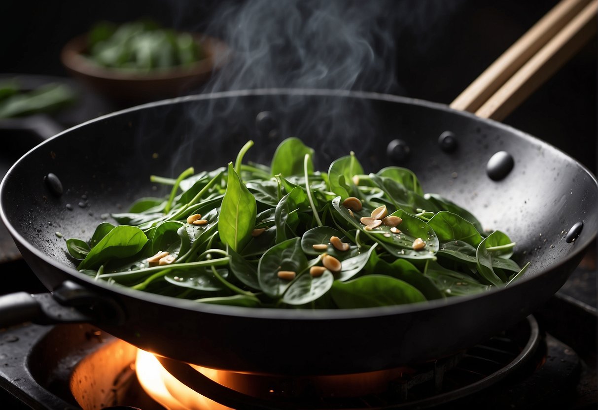 Fresh water spinach being stir-fried with garlic and soy sauce in a sizzling wok. Aromatic steam rising from the pan