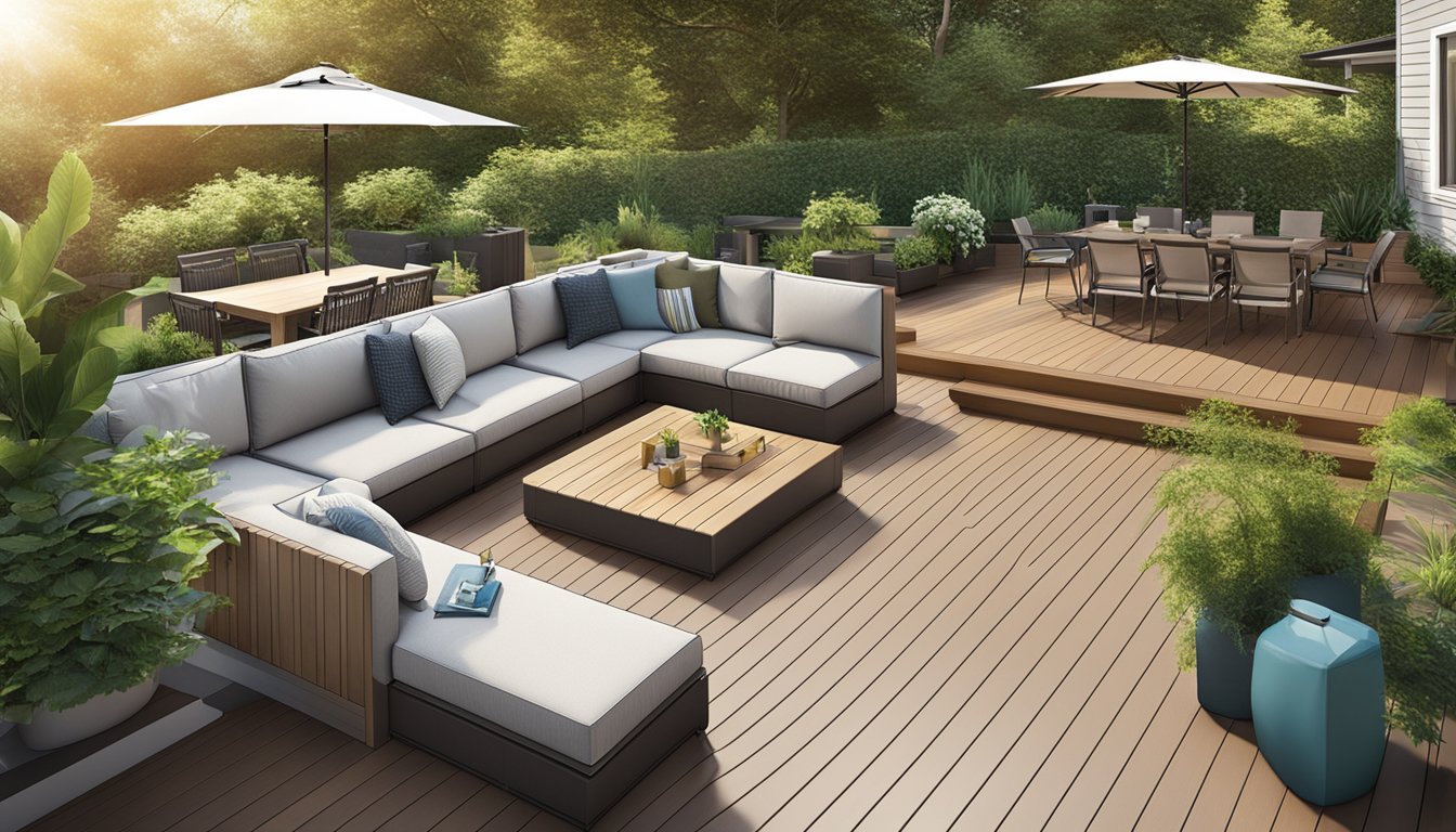 A sunny backyard with a modern composite deck, surrounded by lush greenery and comfortable outdoor furniture, showcasing the benefits of composite decking brands