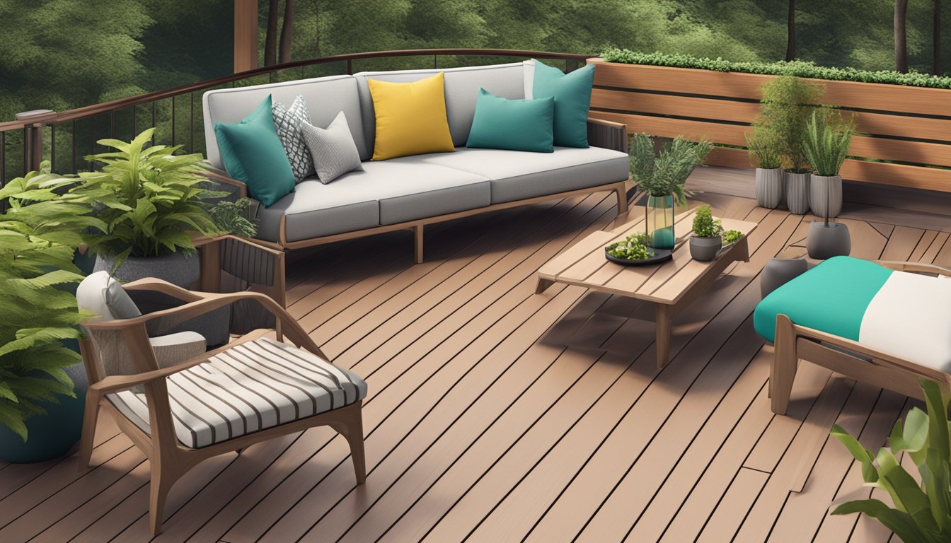 A vibrant outdoor deck with top composite decking brands displayed in various styles and colors, surrounded by lush greenery and modern furniture