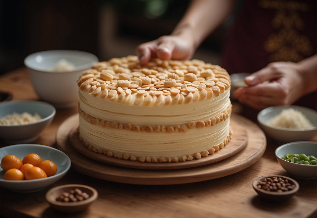 A traditional Chinese wedding cake recipe being passed down through generations, with ingredients and tools laid out on a wooden table