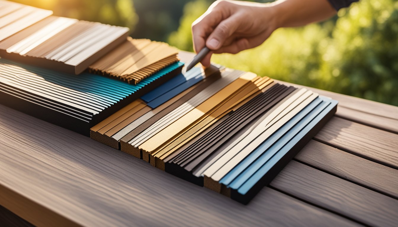 A homeowner carefully compares various composite decking brands, studying their features and benefits. Samples are laid out on a table, and the sunlight illuminates the vibrant colors and textures