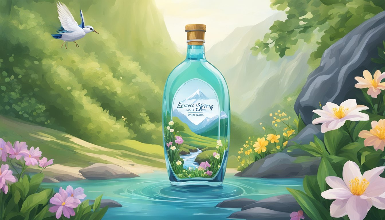 A clear mountain spring flows into a pristine bottle, surrounded by vibrant greenery and blooming flowers. The label reads "Essence of Spring Water."