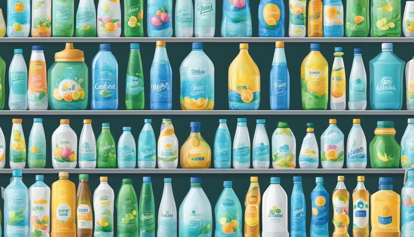 A collection of top bottled spring water brands arranged on a clean, modern display shelf with vibrant labels and varying bottle shapes and sizes