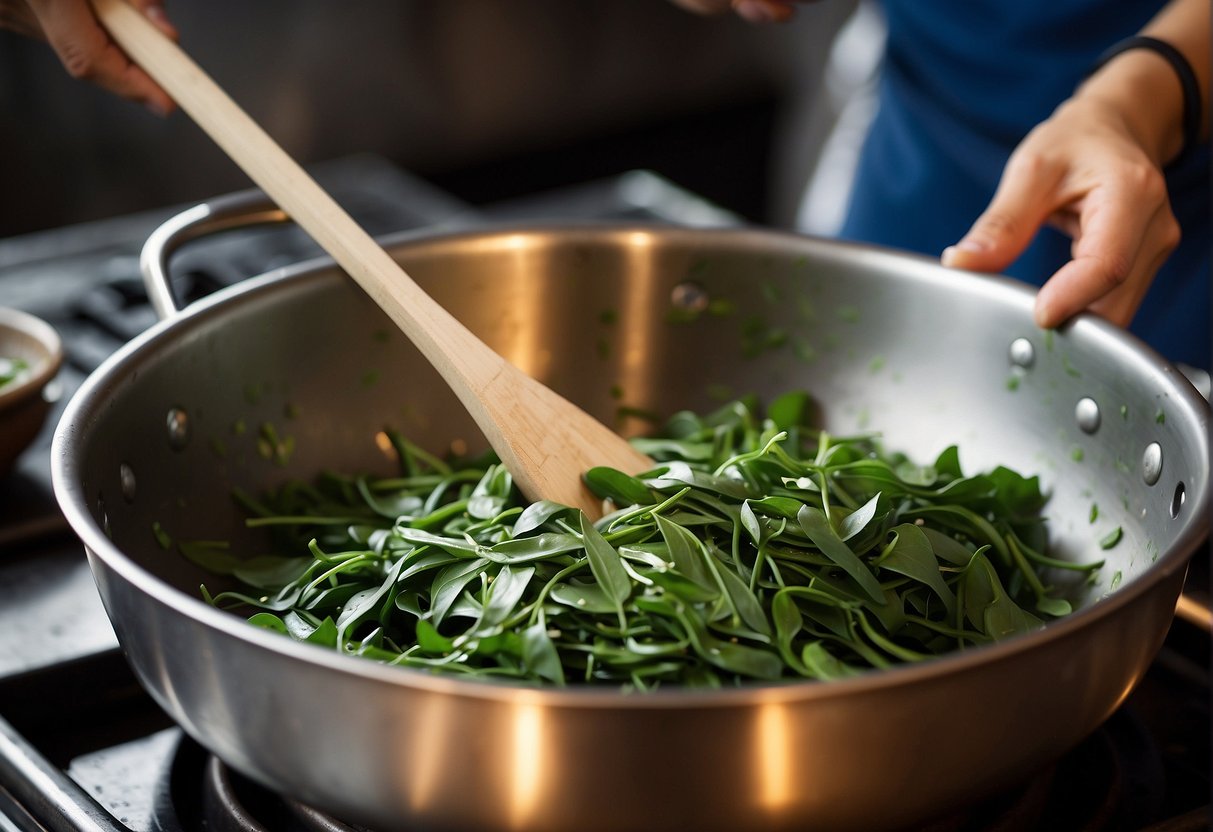 Chinese water spinach being washed, chopped, and stir-fried with garlic and soy sauce in a sizzling wok
