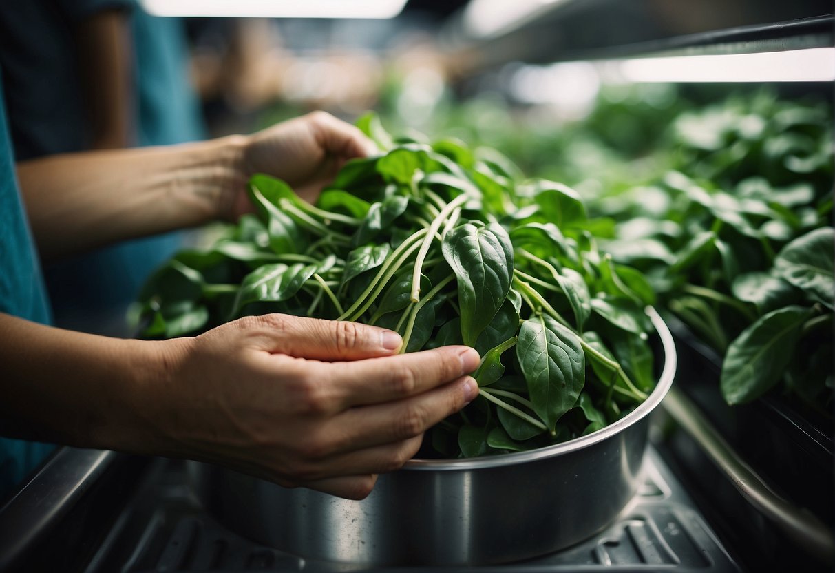 A hand reaching for fresh water spinach in a market, then storing it in a refrigerator
