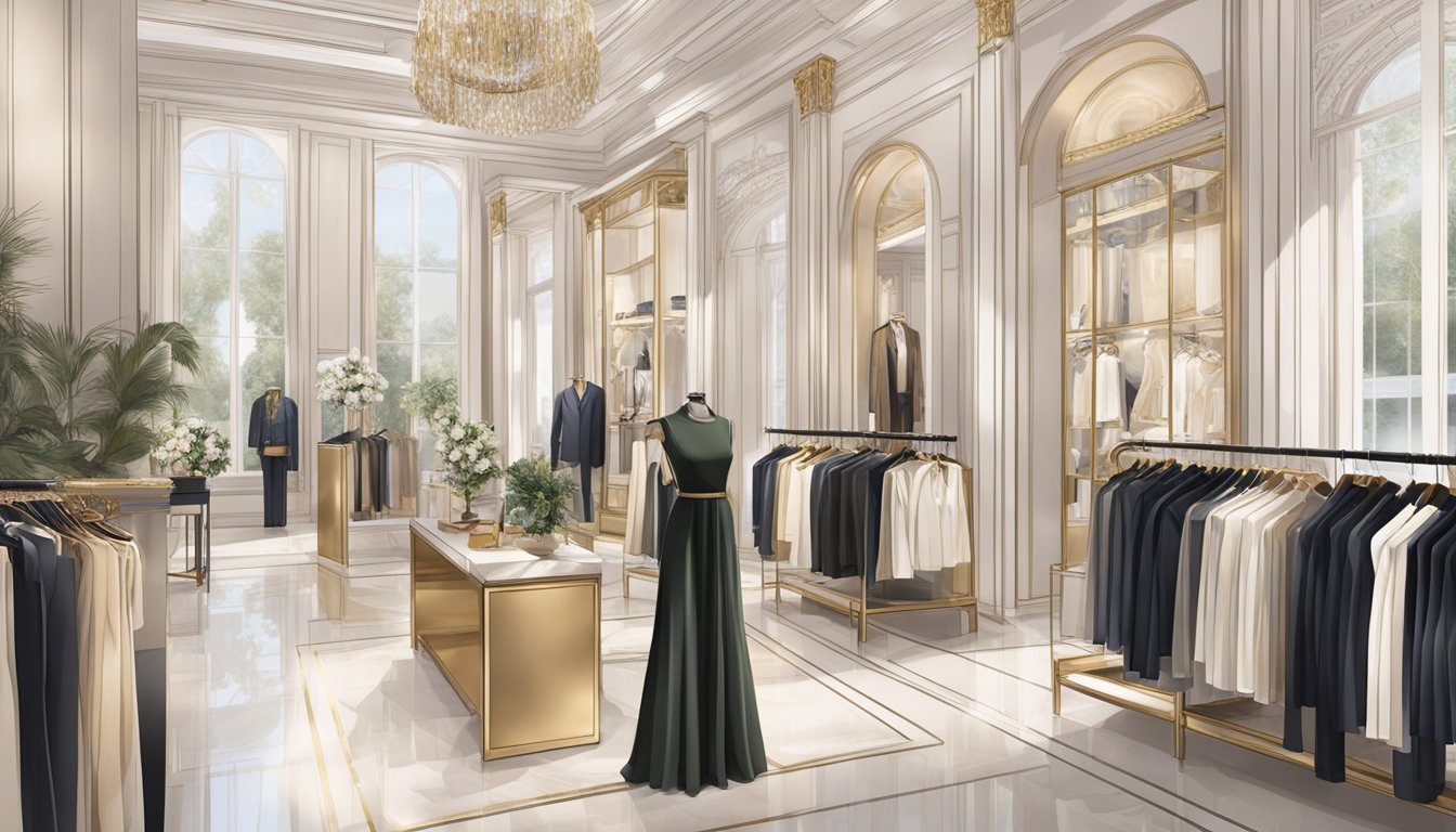 A display of luxury fashion brands, with elegant and opulent designs showcased in a high-end boutique setting