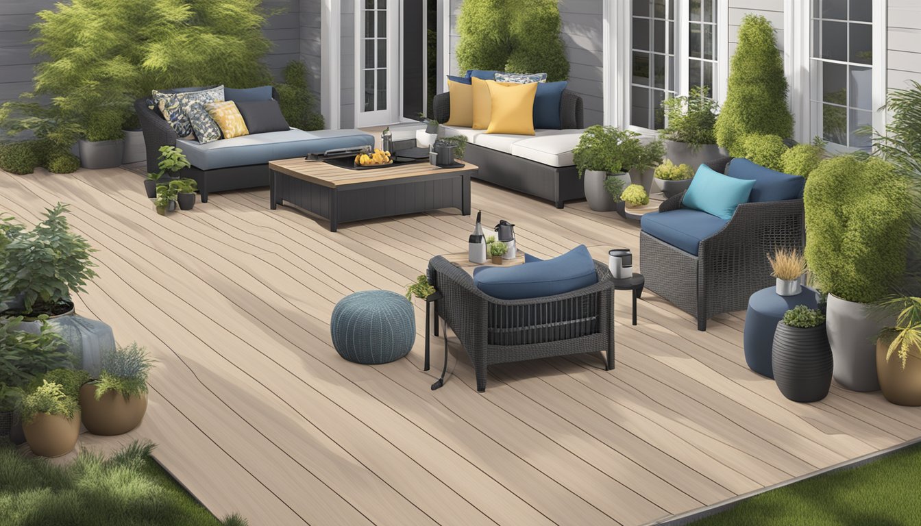 Composite decking brands arranged in an outdoor setting, with tools and materials for installation and care