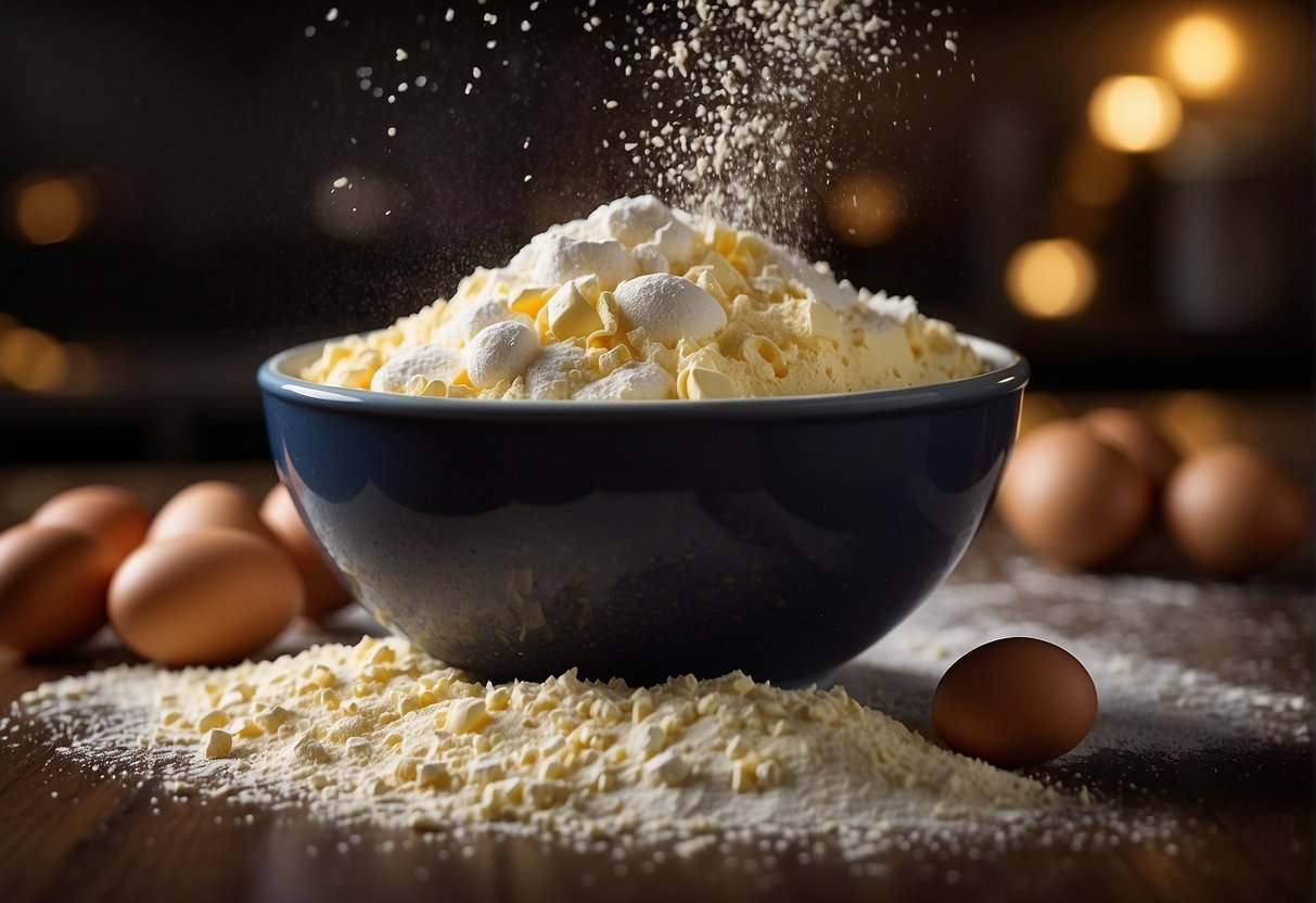 A mixing bowl filled with flour, sugar, and eggs. A hand pouring in melted butter. A cloud of flour as the ingredients are mixed together