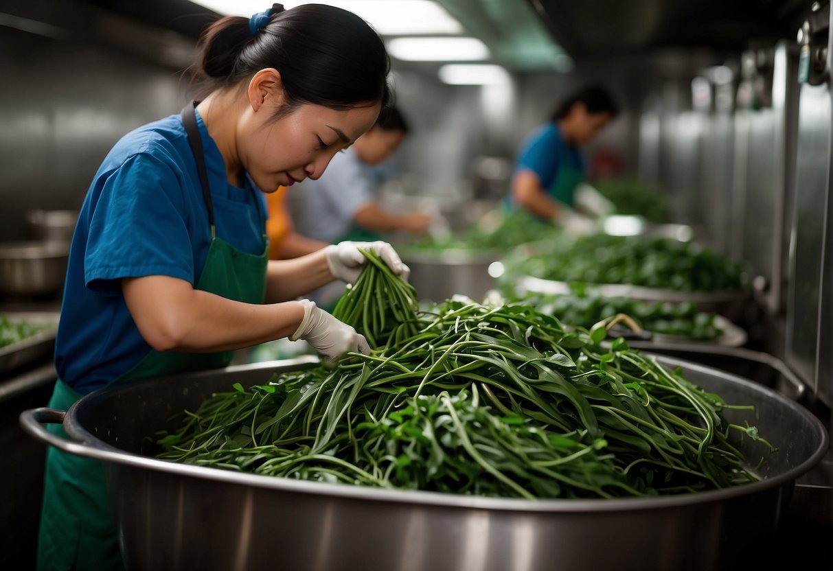 Chinese water spinach being washed, chopped, and seasoned with garlic and soy sauce in a bustling kitchen
