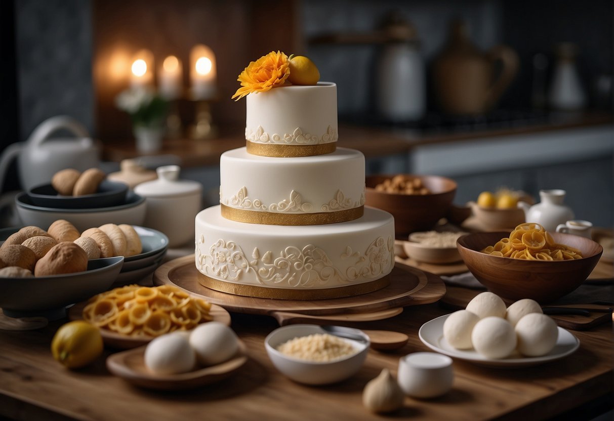 A modern kitchen with a mix of traditional Chinese ingredients and modern baking tools. A wedding cake being decorated with a fusion of traditional and contemporary designs