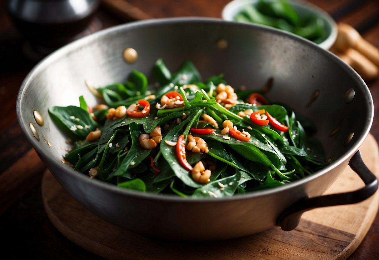 A wok sizzles with garlic and chili as Chinese water spinach is stir-fried. Soy sauce and sesame oil add depth to the dish