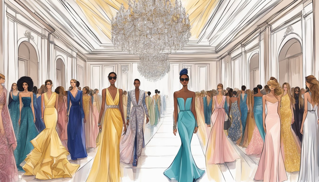 A lavish runway show with opulent fabrics, sleek designs, and extravagant accessories, showcasing the epitome of luxury fashion brands
