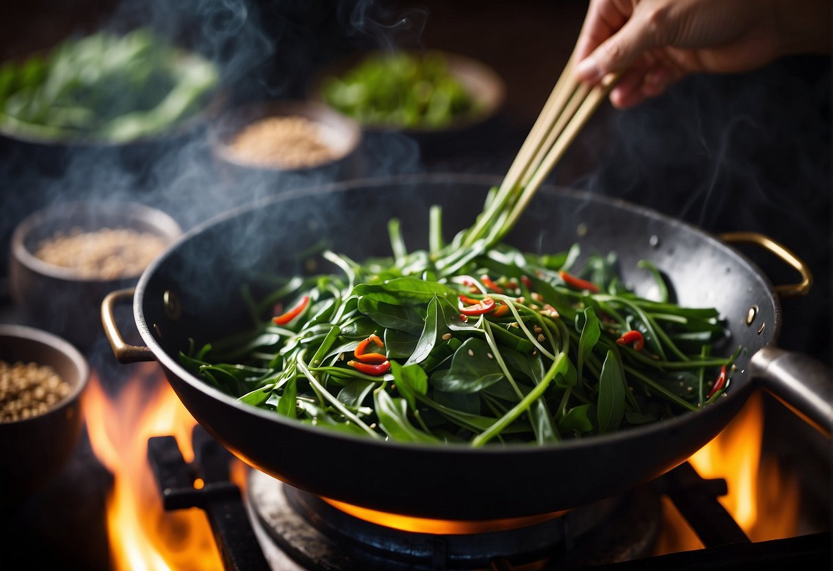 Chinese water spinach being cooked in a wok with garlic, soy sauce, and chili. Different variations of the dish from various regions are displayed in the background