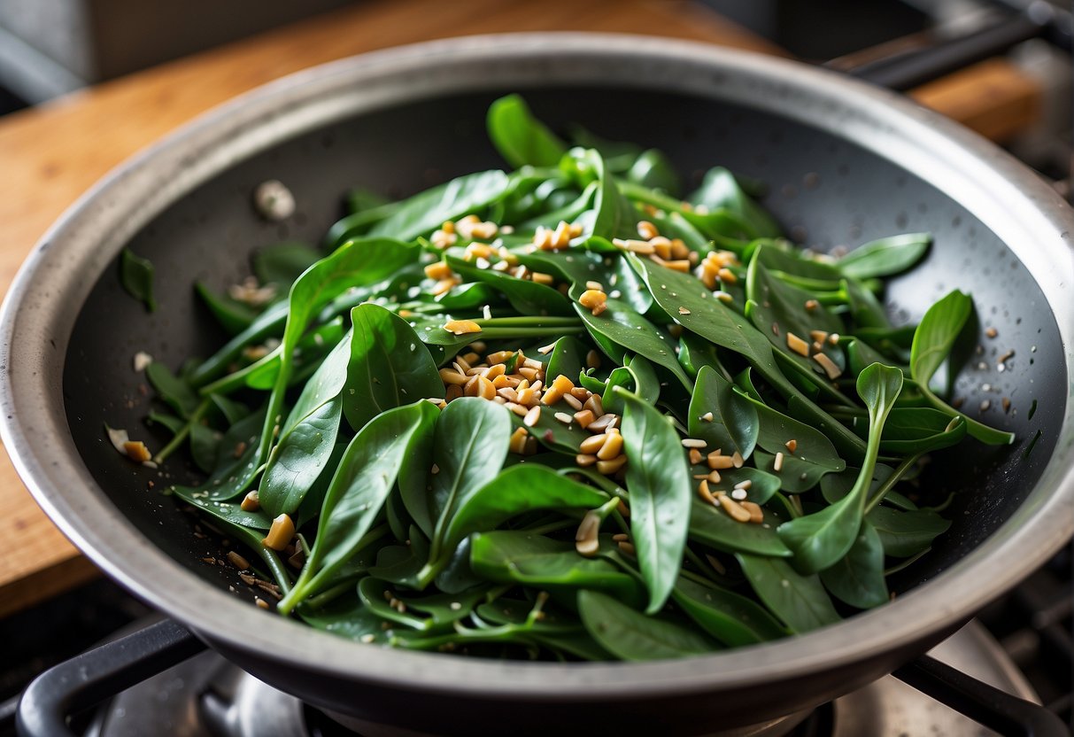 A wok sizzles with Chinese water spinach stir-frying in garlic and soy sauce. Steam rises as the vibrant green leaves wilt and glisten