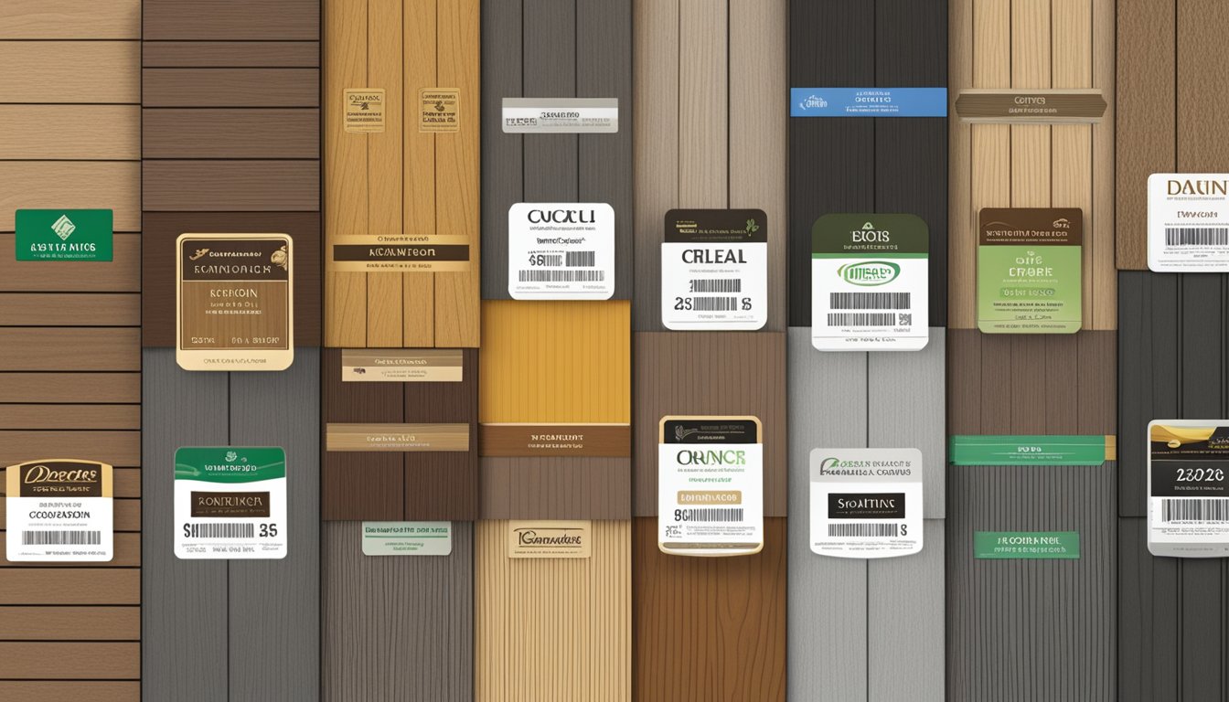 A variety of composite decking brands are displayed with labels and product samples, showcasing different colors, textures, and styles for potential buyers to compare and choose from