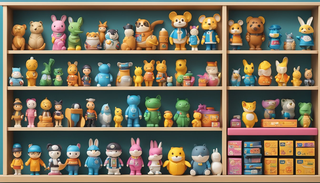 Various collectible figurines of popular brands displayed on a shelf, with colorful packaging and different characters