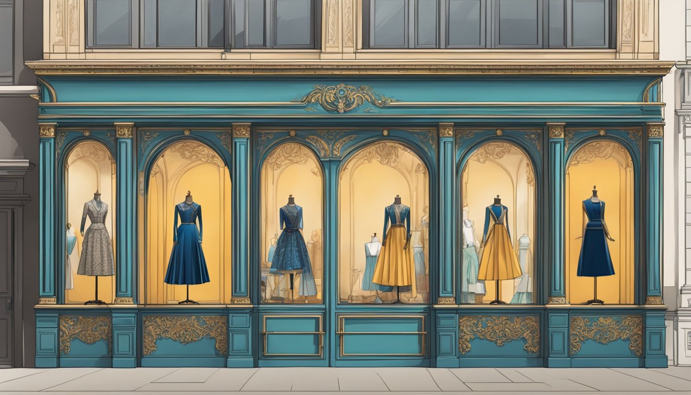 A grand, ornate storefront with a bold, elegant logo. Mannequins display opulent garments in the window, drawing in passersby