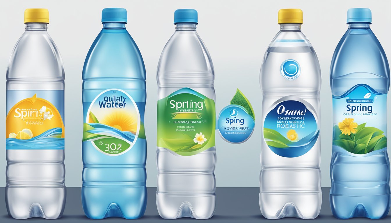 A row of bottled spring water brands labeled with quality and safety standards logos