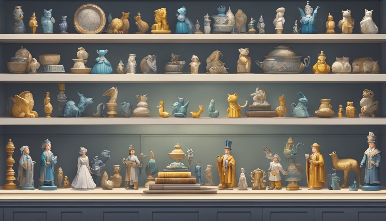 A shelf with various collectible figurines arranged neatly, with soft lighting highlighting the details. A pair of white gloves nearby for handling