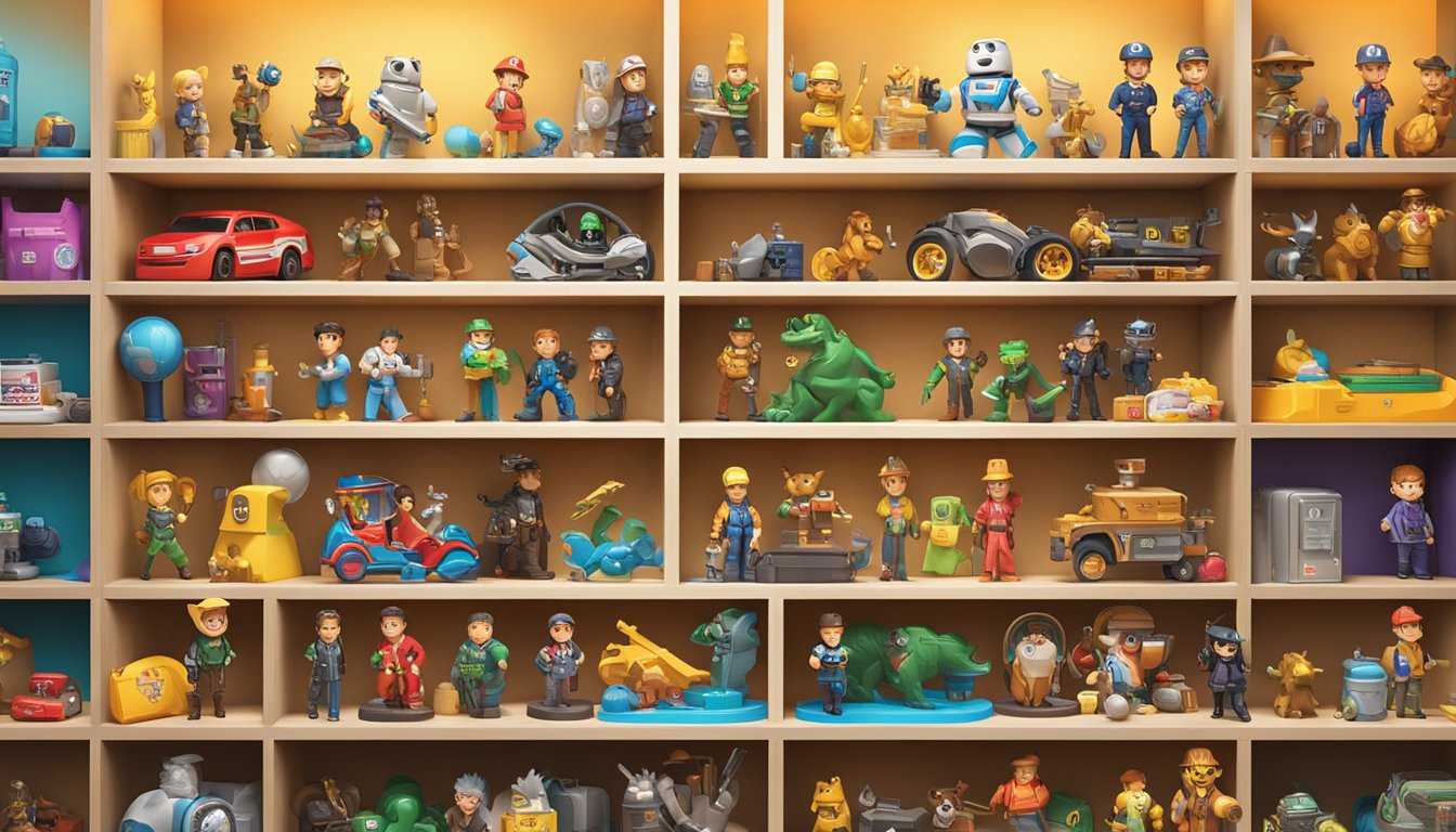 Various budget collectible figurines displayed on shelves, featuring popular brands and characters. Bright lighting highlights the colorful packaging