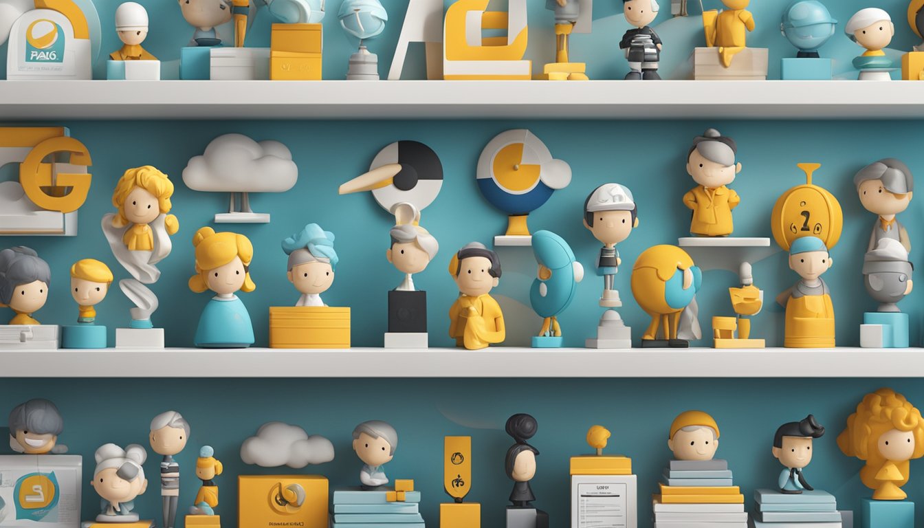 A collection of FAQ figurines displayed on a shelf with brand logos in the background
