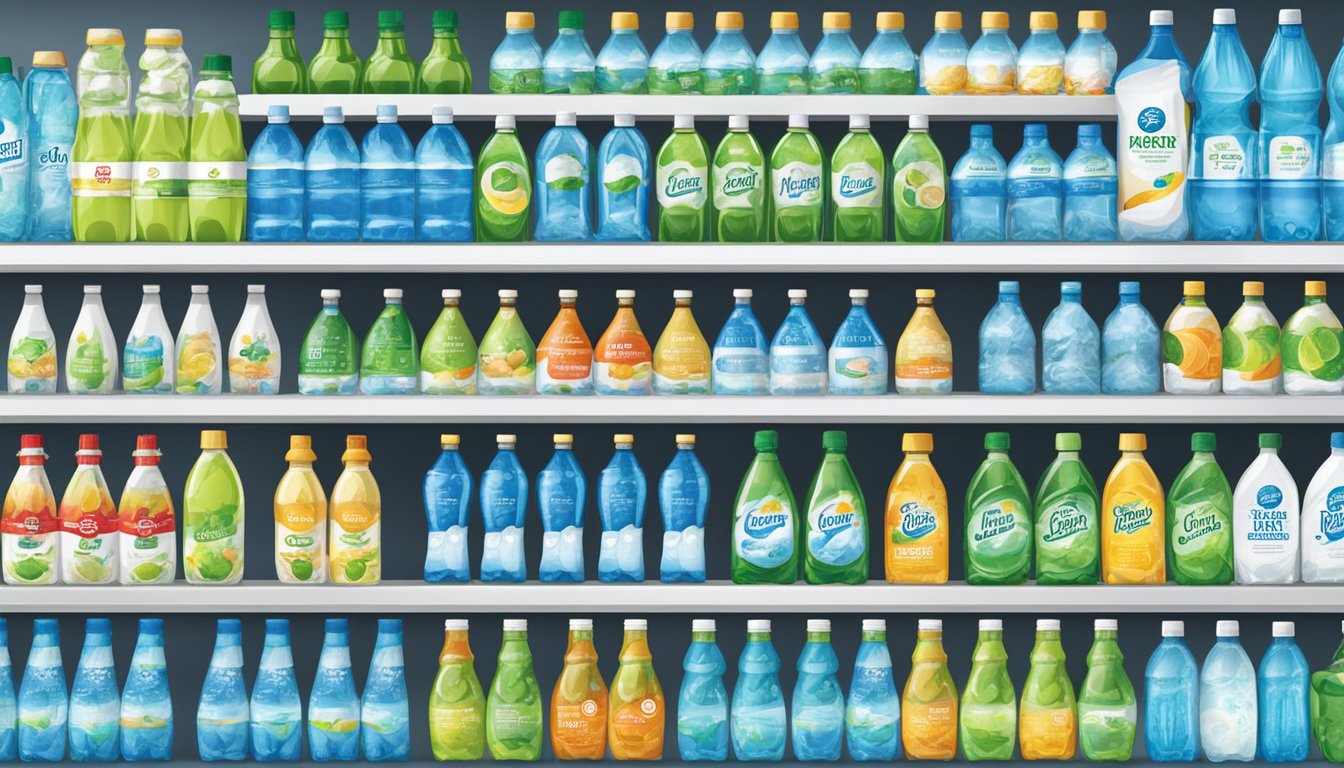 A variety of bottled spring water brands displayed on a supermarket shelf, with labels highlighting purity, source, and eco-friendly packaging