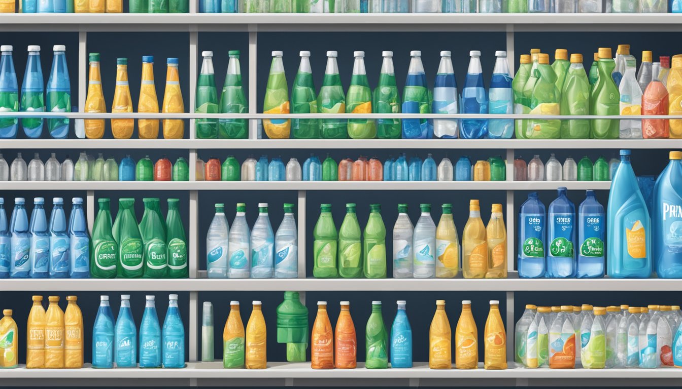 Bottled spring water brands arranged on shelves with FAQ signs nearby
