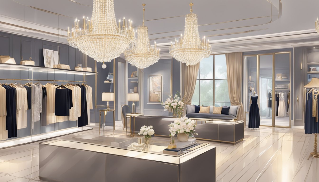 A lavish boutique with sleek, modern decor and high-end fashion displays. Shimmering chandeliers cast a soft glow over the luxurious setting