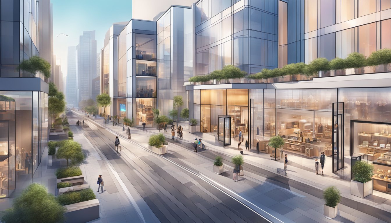 A sleek, modern cityscape with high-end fashion boutiques and digital screens showcasing innovative designs