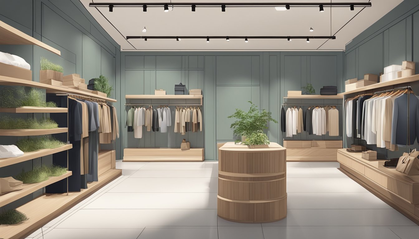 A high-end fashion store with eco-friendly materials, recyclable packaging, and sustainable production processes