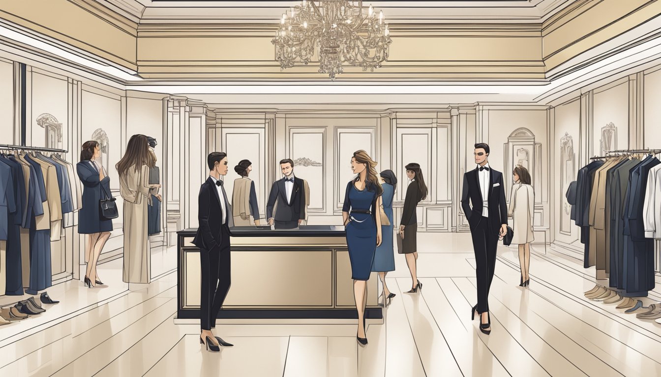 Luxury fashion logos on display with a line of customers seeking assistance from well-dressed staff