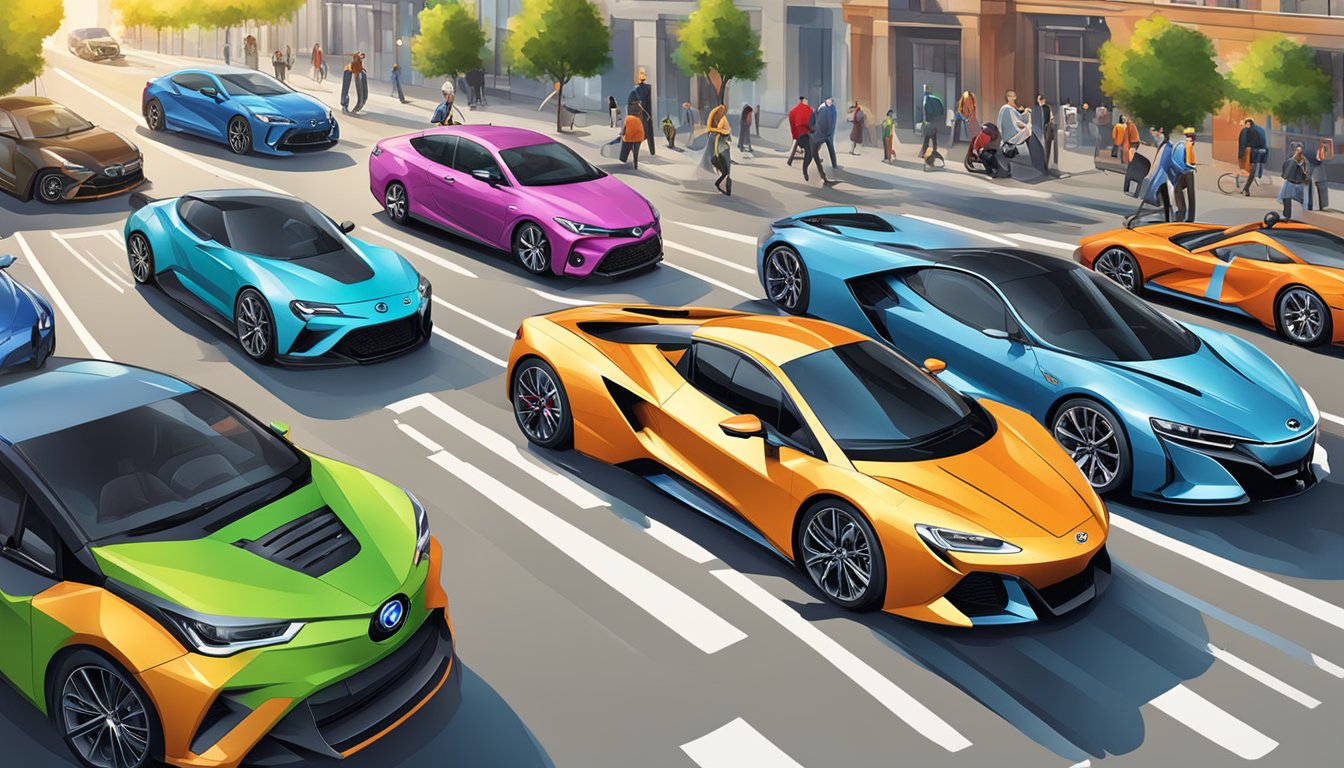 Various car logos, including Toyota, Ford, and BMW, are displayed on a busy city street. Bright colors and sleek designs catch the eye