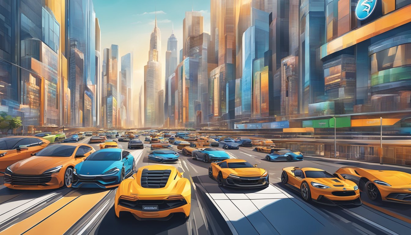 A bustling city street with iconic car logos towering above the skyline, showcasing the global market leaders in the automotive industry