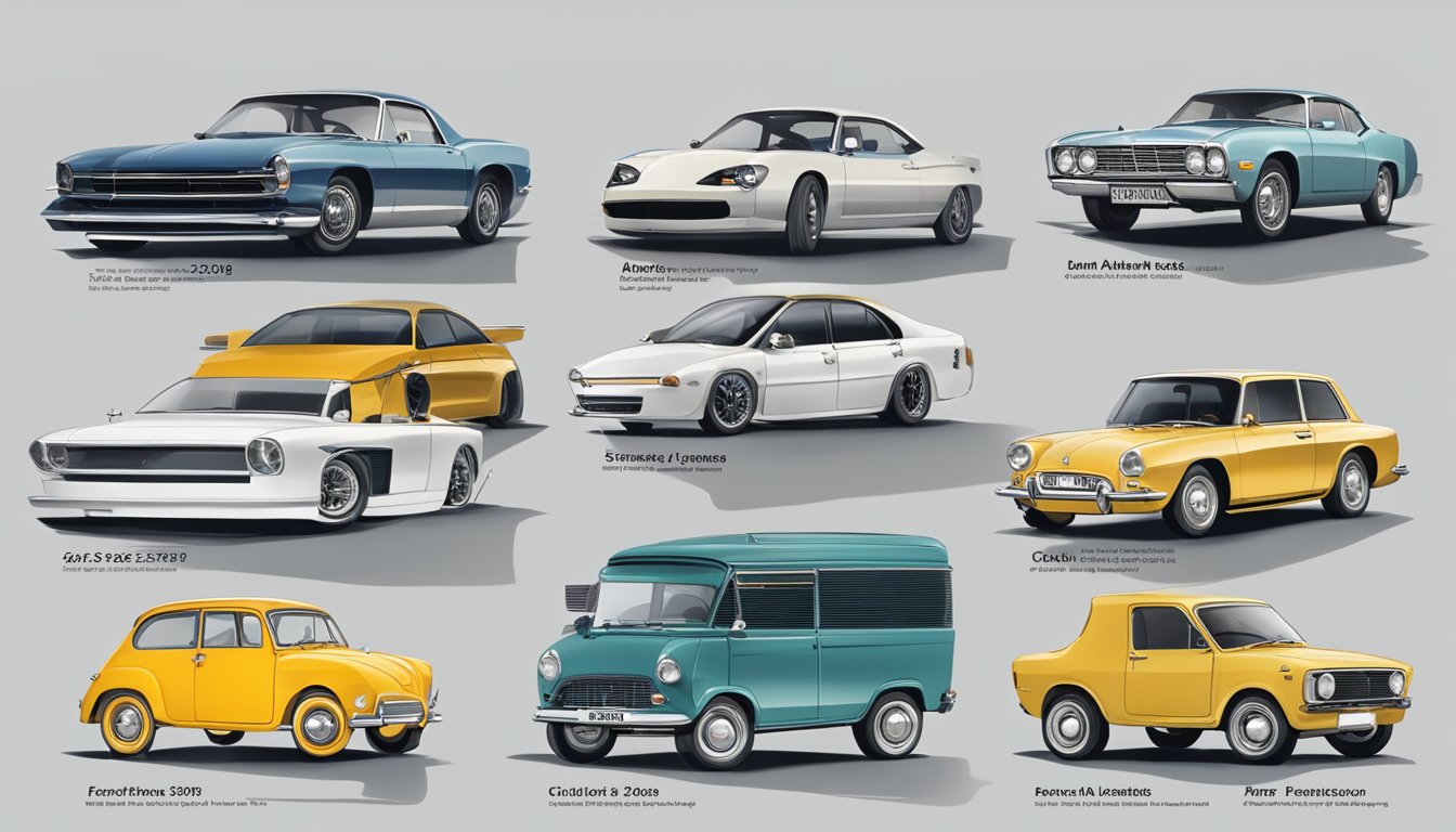 A timeline of car models from popular brands, showing the evolution of design and features over time
