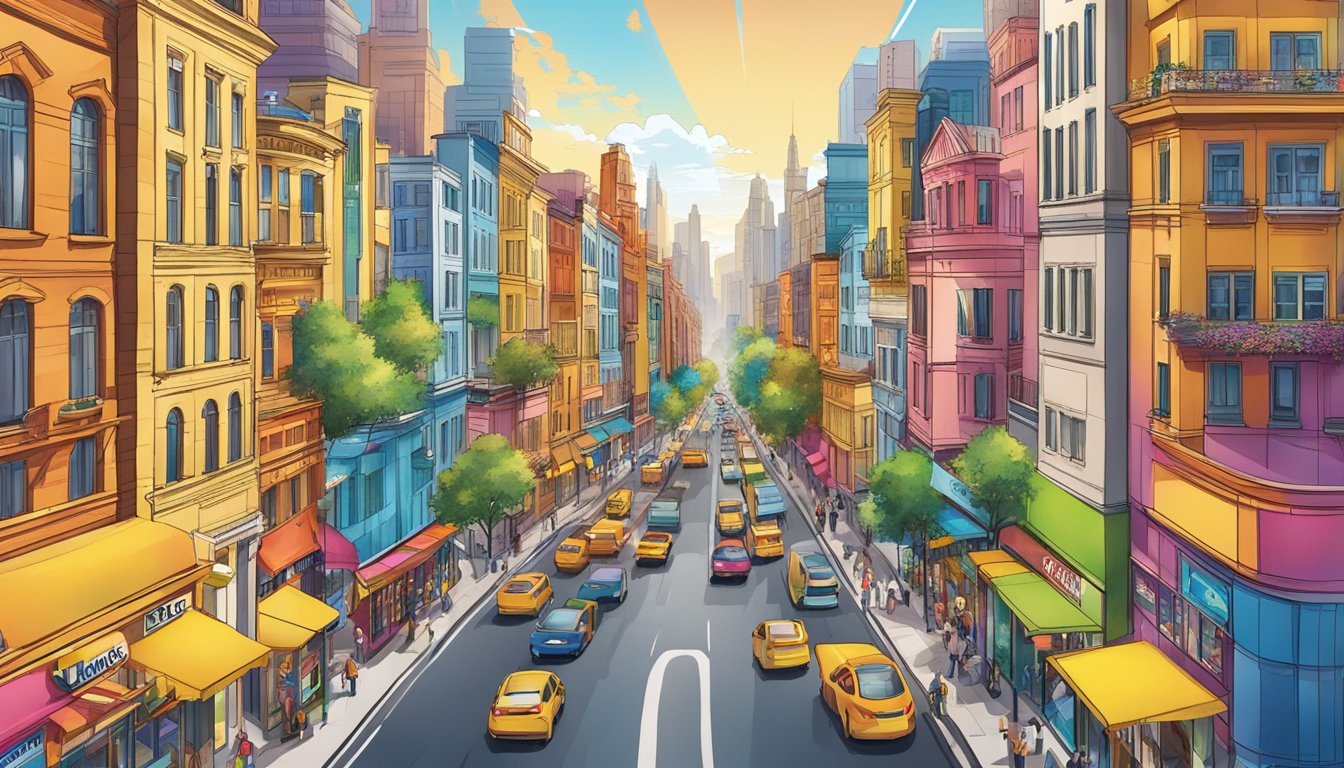 A vibrant cityscape with Como brand billboards towering over bustling streets and colorful storefronts