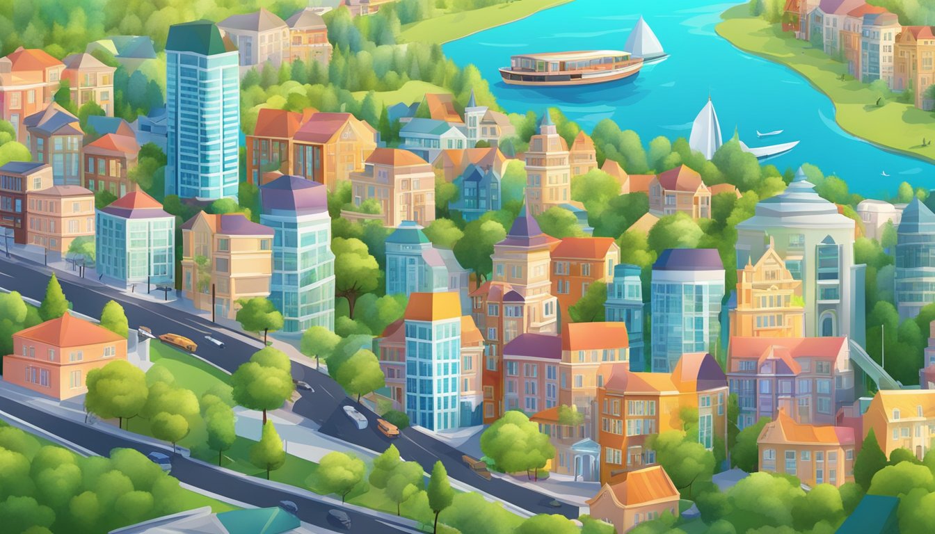 A vibrant city skyline with iconic landmarks and luxurious properties, surrounded by natural landscapes and beautiful destinations