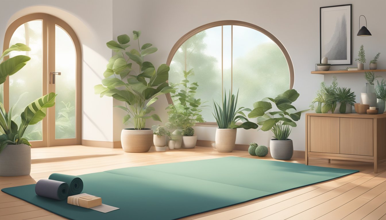 A serene, nature-inspired space with yoga mats, essential oils, and plants, evoking a sense of balance and tranquility