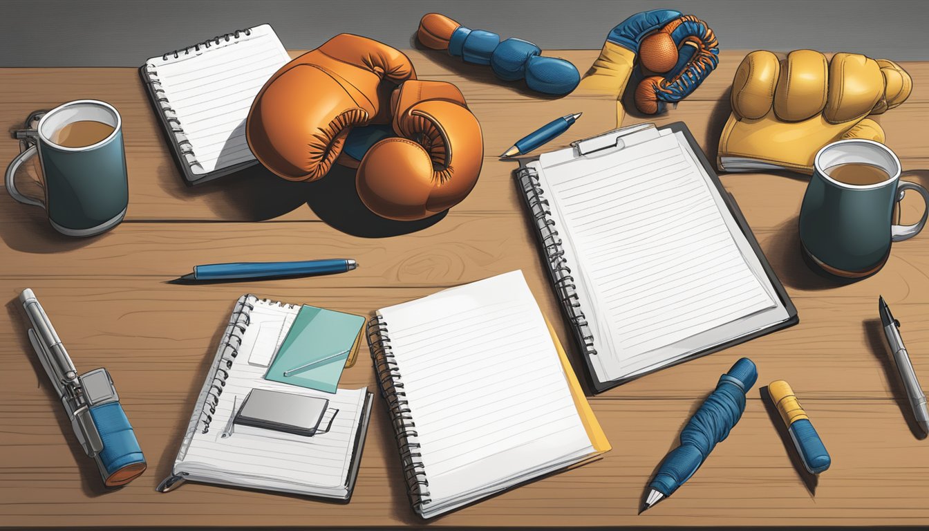 A table with various boxing gloves laid out for review, with a notepad and pen nearby for taking notes