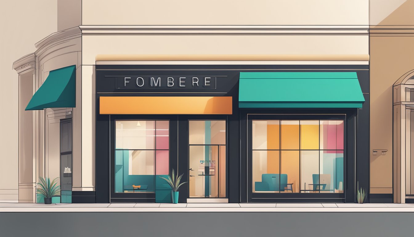 A sleek, modern storefront with clean lines and bold typography. Minimalist logo displayed prominently. Neutral color palette with pops of vibrant accent colors