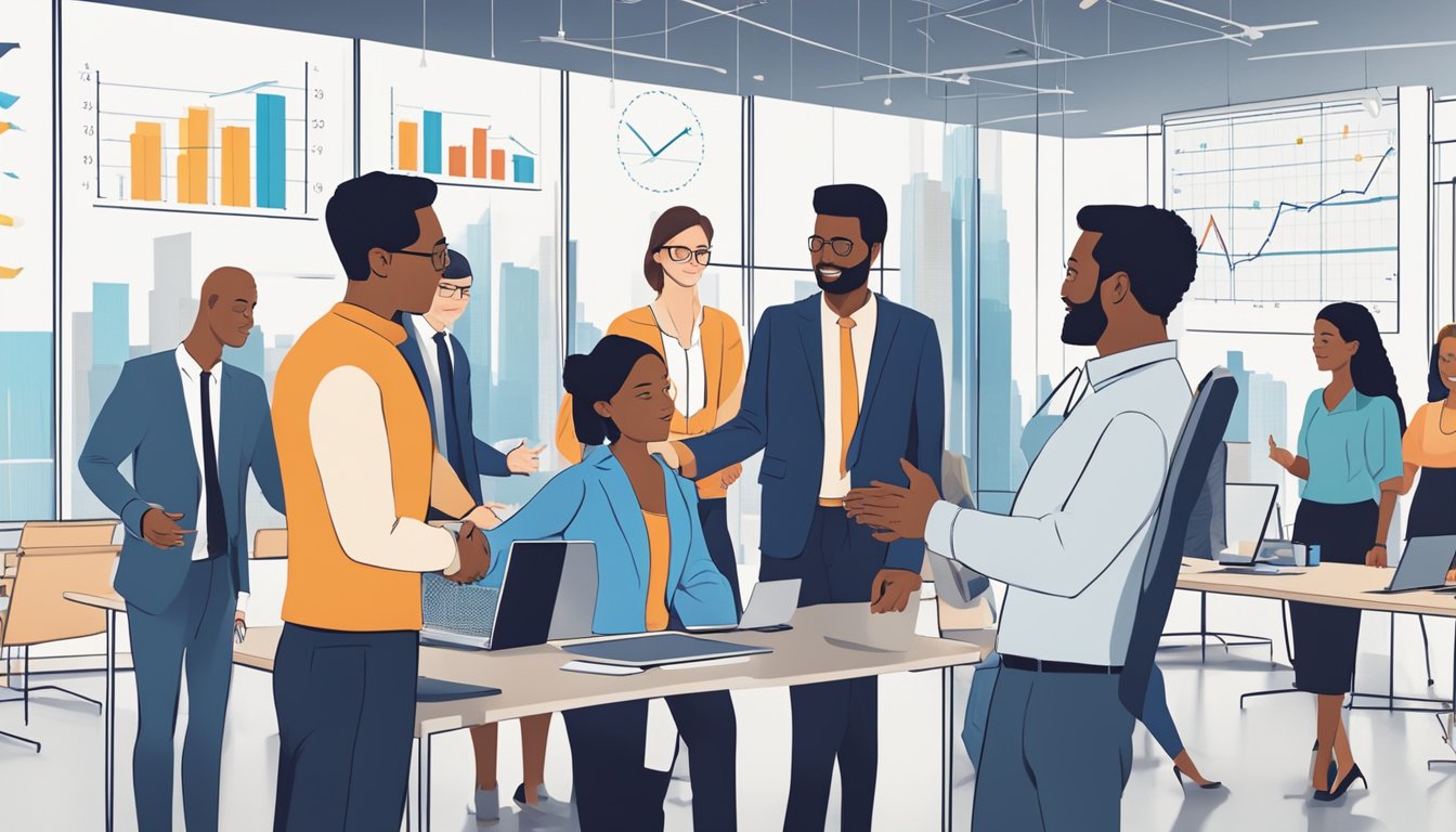 A group of diverse individuals shake hands in a modern office setting, surrounded by charts and graphs. The room is filled with a sense of collaboration and excitement for future business ventures and partnerships