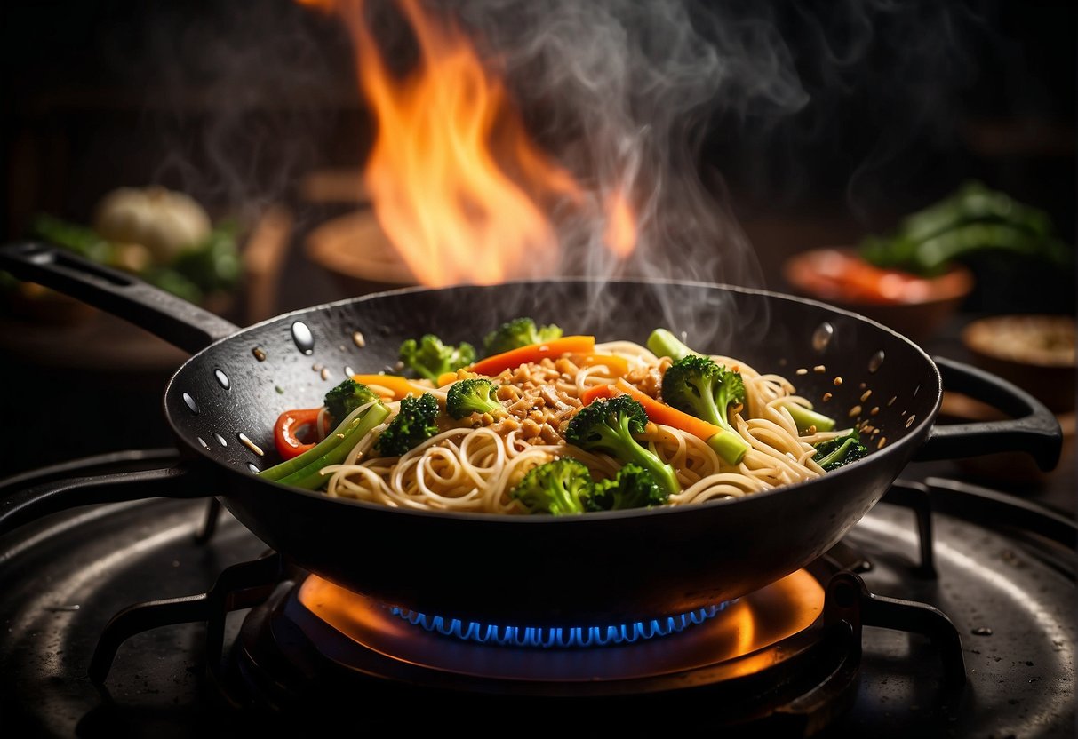 A wok sizzles as noodles are stir-fried with garlic, ginger, and vegetables. Steam rises, carrying the aroma of soy sauce and sesame oil