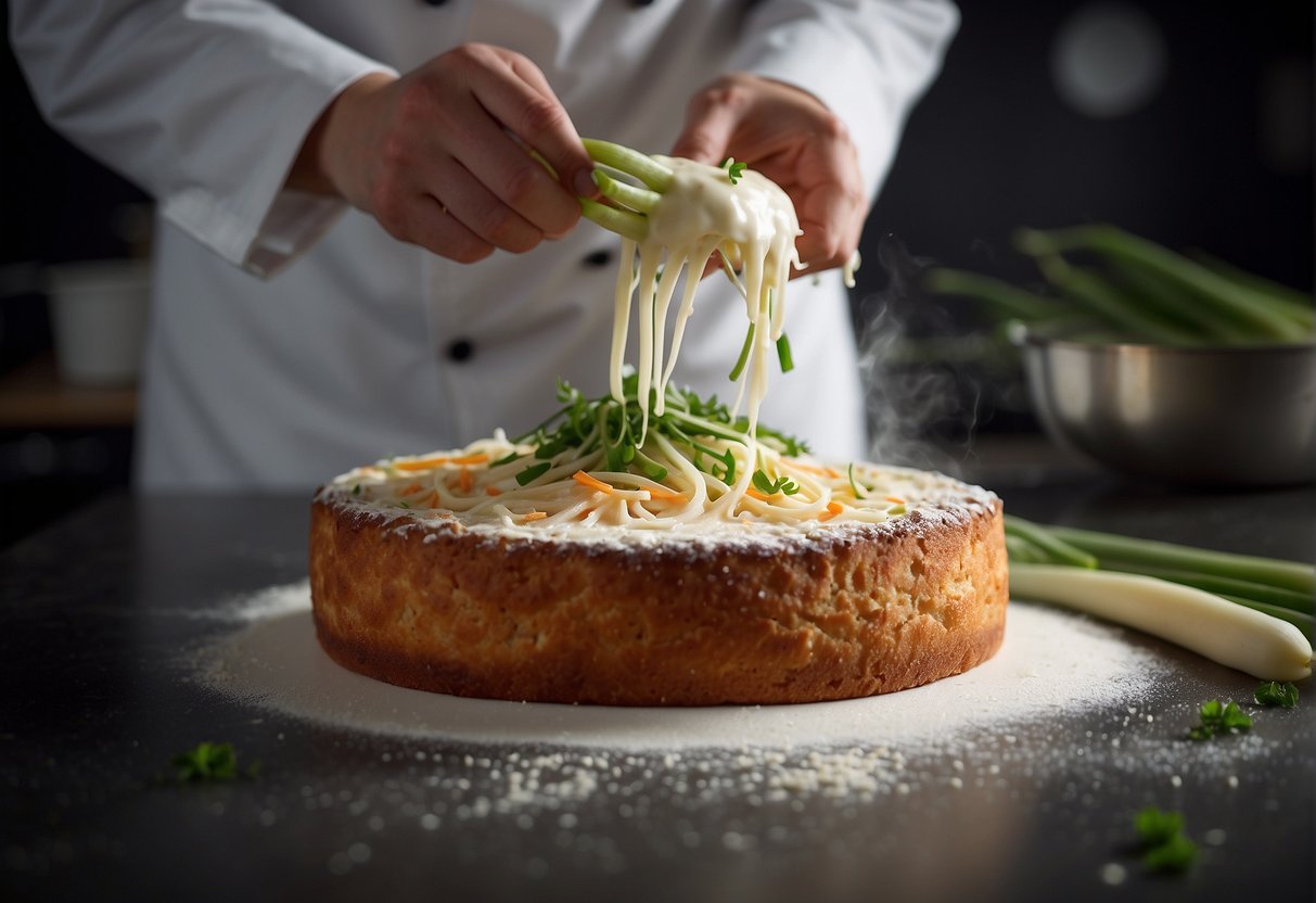 A chef grates white carrots, mixes with flour and water, then fries the batter into a savory cake. Garnish with spring onions and chili