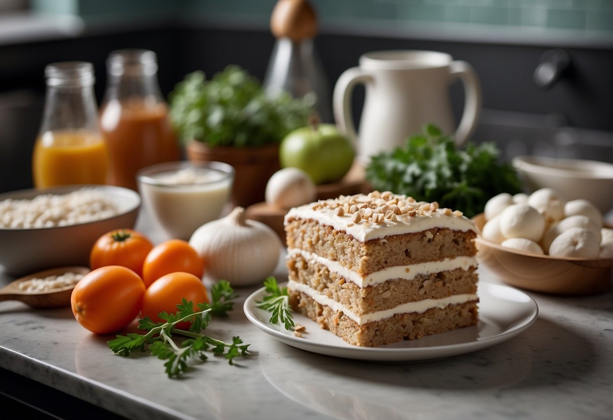 A kitchen counter with ingredients and utensils laid out for making Chinese white carrot cake