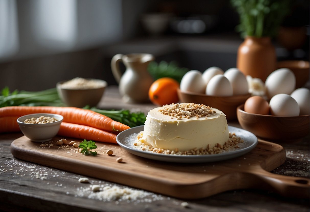 A table with a cutting board, knife, chinese white carrots, flour, eggs, and other ingredients for making carrot cake