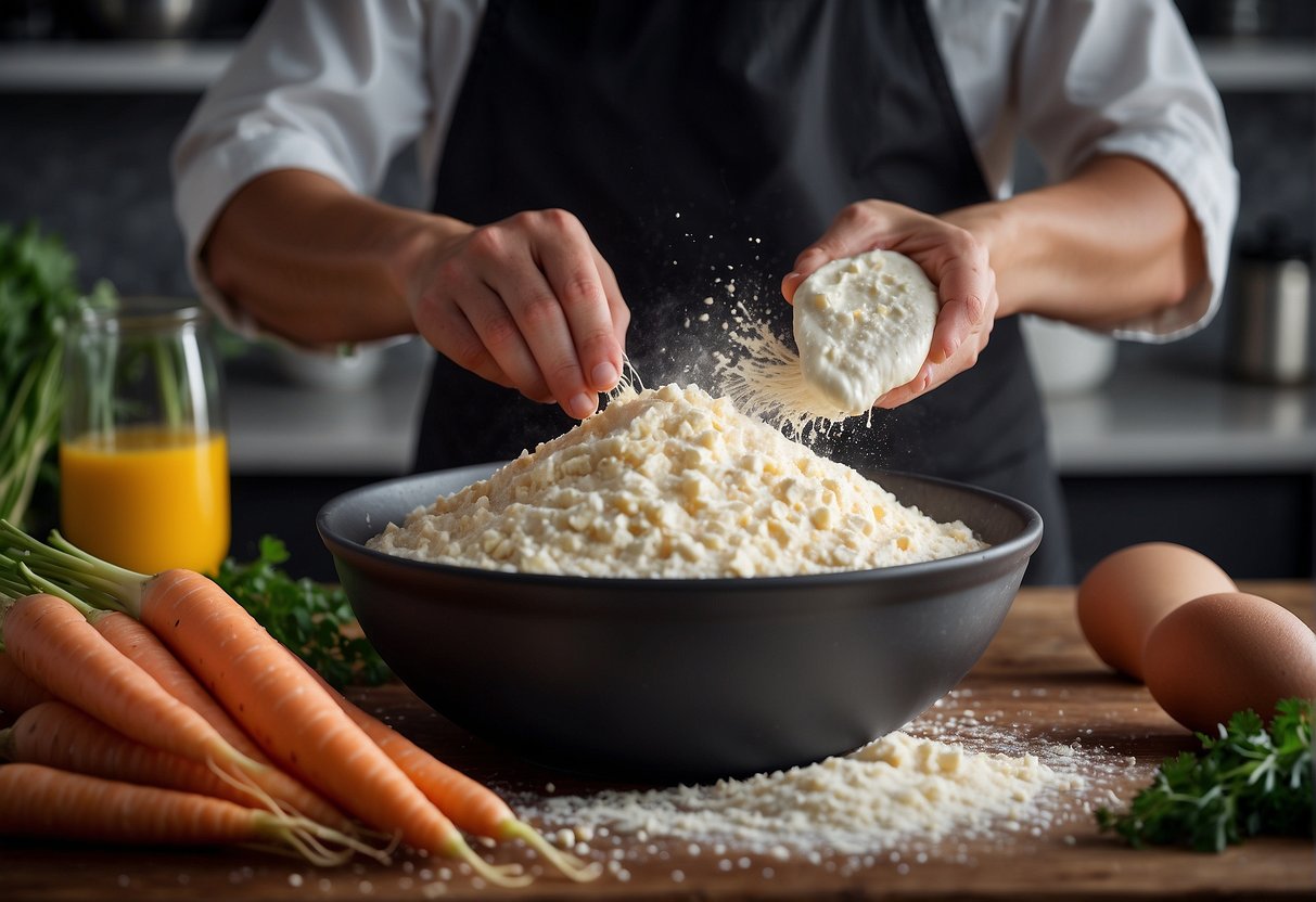 A chef grating fresh white carrots and mixing them with flour, eggs, and seasoning in a large bowl