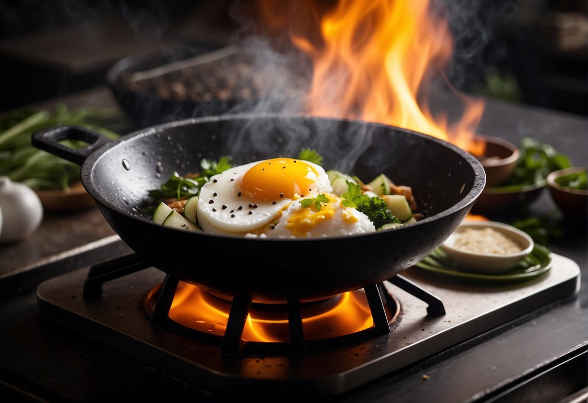 A wok sizzles with diced radish, eggs, and seasonings. Steam rises as the ingredients are stirred together over a hot flame