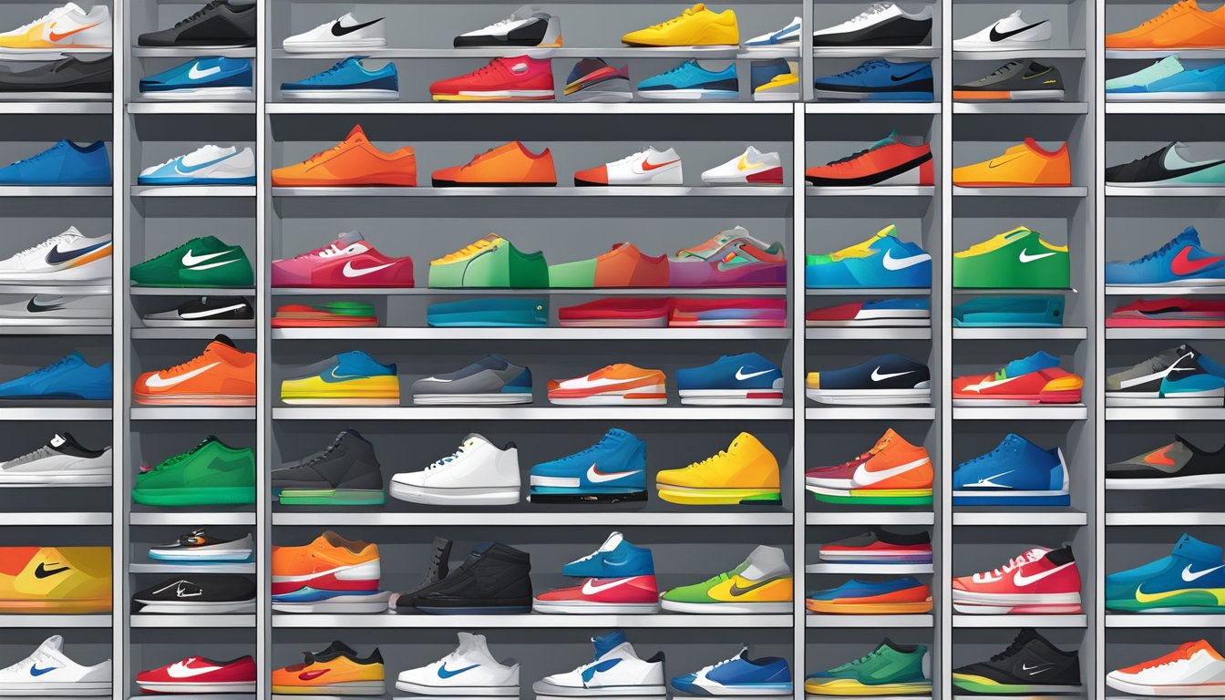 Various logos of Nike-owned brands displayed on shelves, including Converse, Jordan, and Hurley