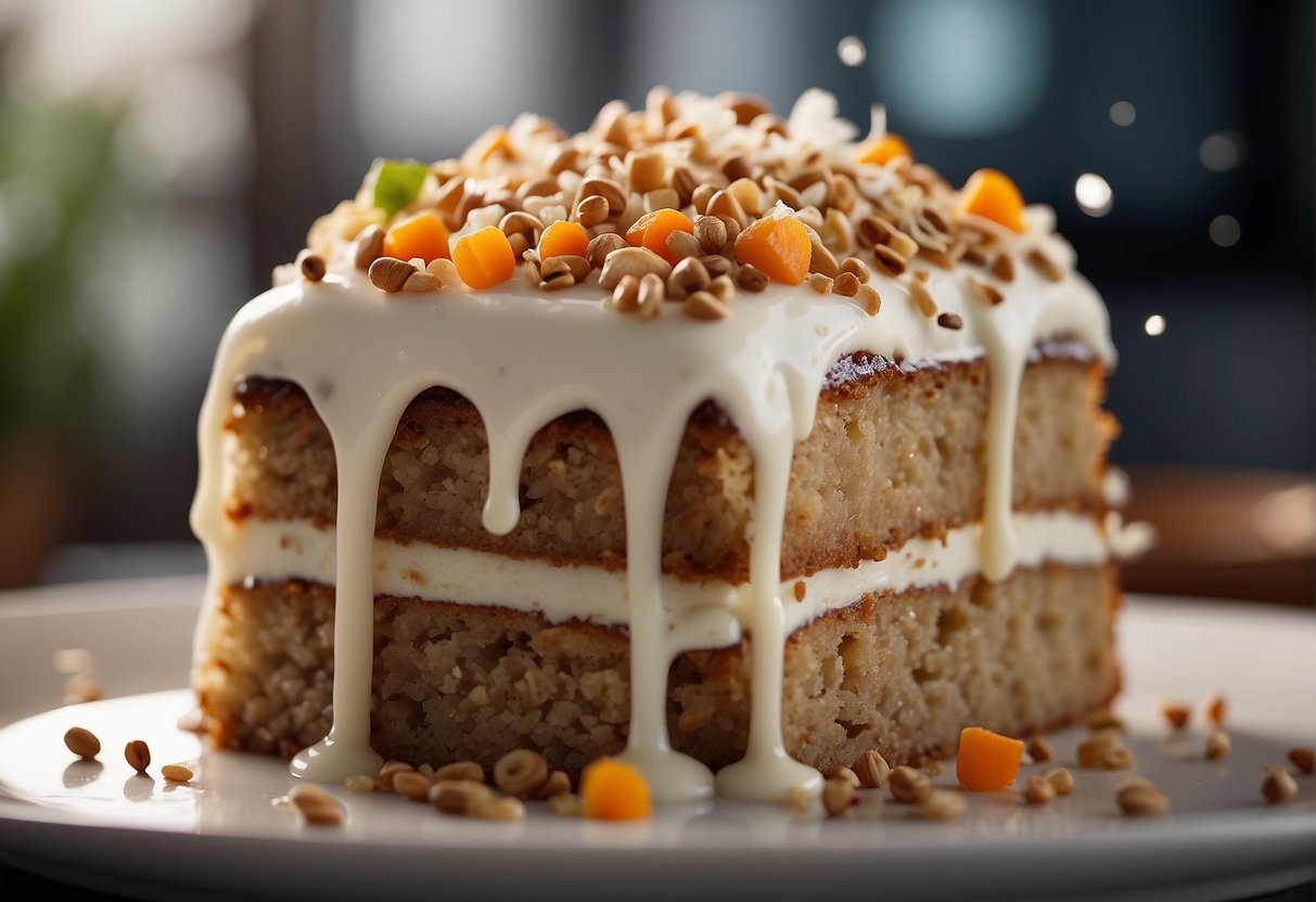 A hand sprinkles flavor enhancers and garnishes onto a freshly cooked Chinese white carrot cake